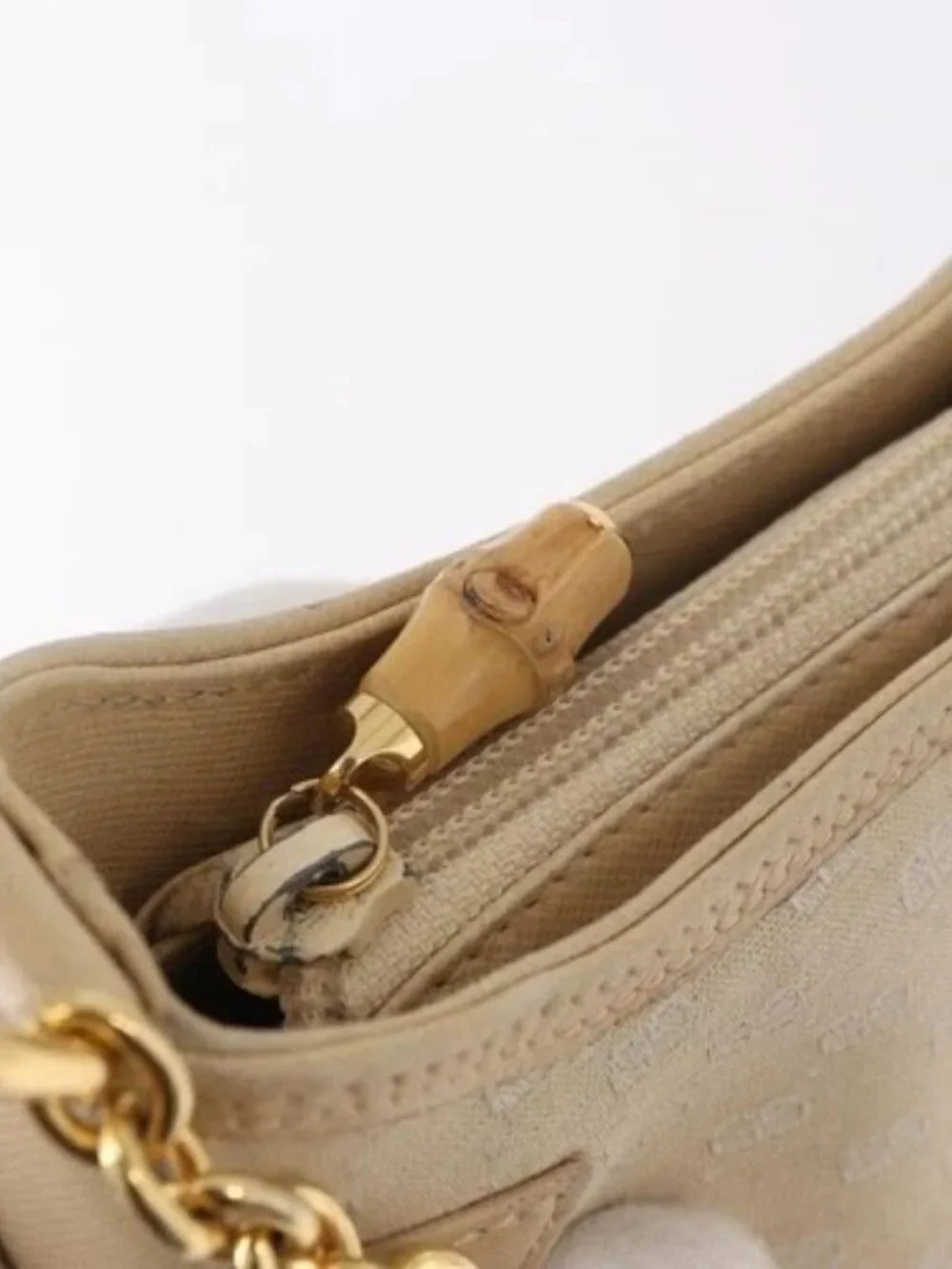 GUCCI Micro GG Canvas Bamboo Chain Shoulder Bag Ivory Gold Auth 186588